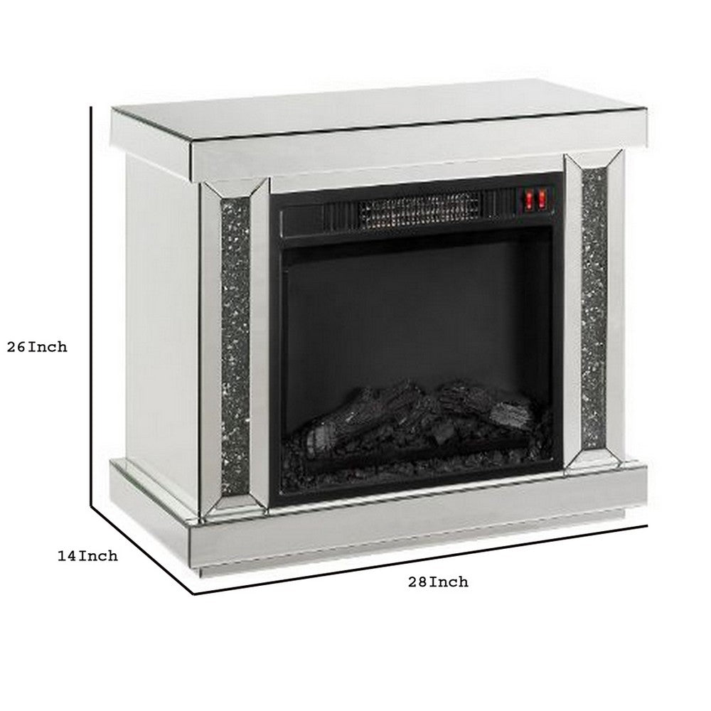 Electric Fireplace with Mirror Panel Framing and Faux Diamonds, Silver - BM251370