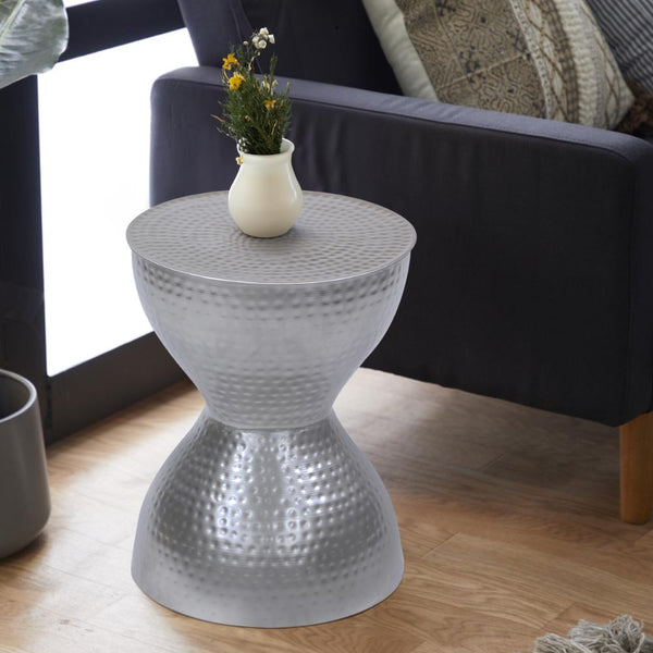 Industrial Style Hammered Texture Iron Stool with Hourglass Shaped Body, Silver - BM00602