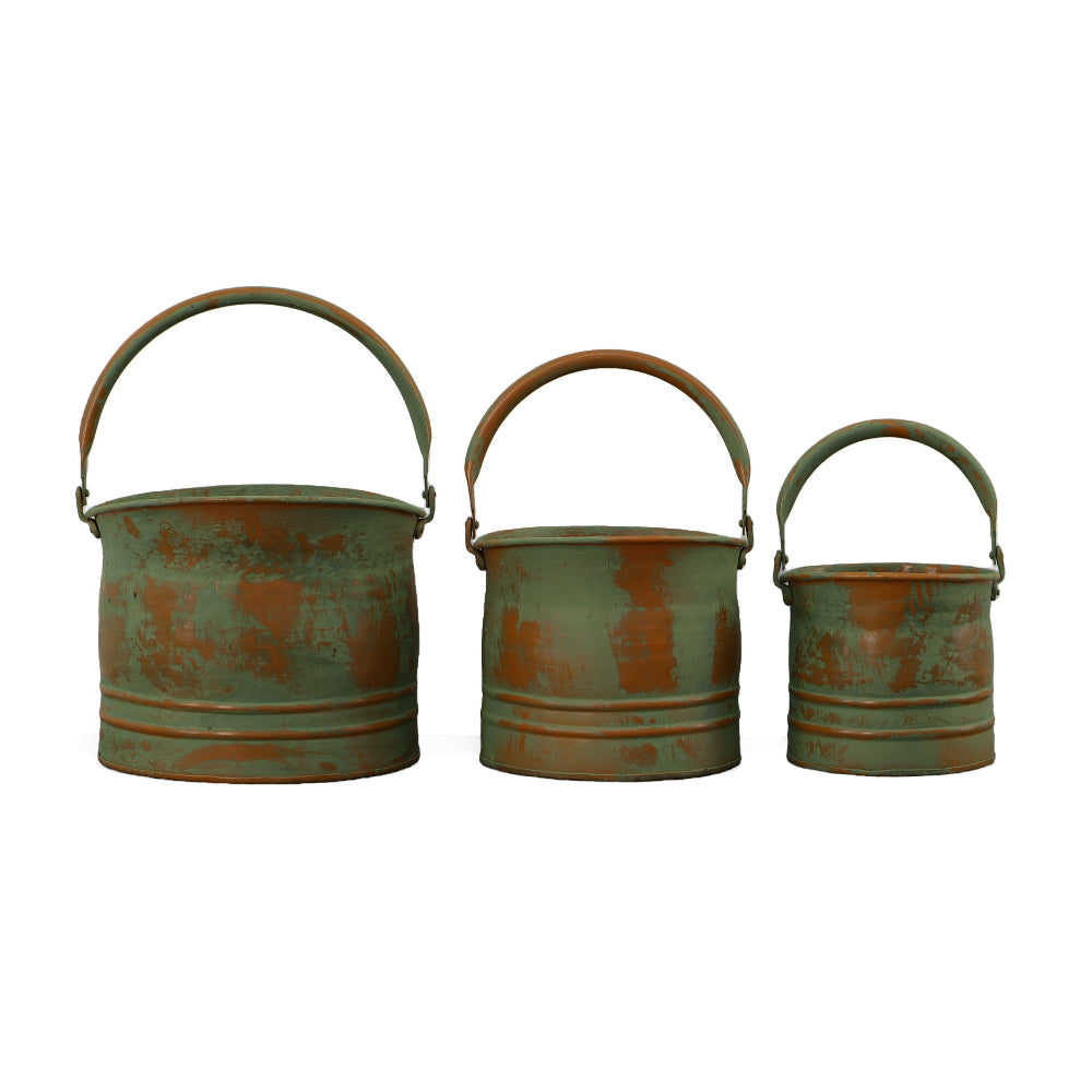 Tinged Metal Bucket Planter With Handles, Patina Rust Finish, Green, Set of 3 - BM01164