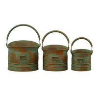 Tinged Metal Bucket Planter With Handles, Patina Rust Finish, Green, Set of 3 - BM01164