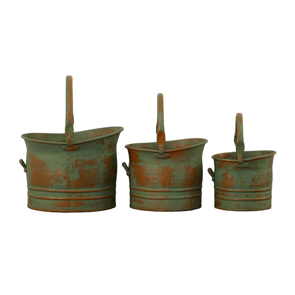 Tinged Metal Bucket Planter With Handles, Patina Rust Finish, Green, Set of 3 - BM01164