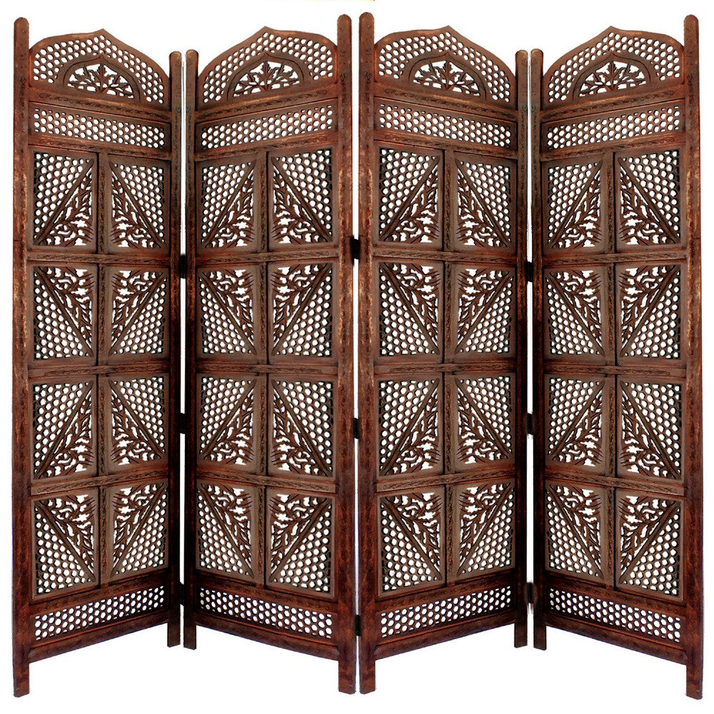 Traditional Four Panel Wooden Room Divider with Hand Carved Details, Antique Brown - BM01866