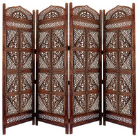 Traditional Four Panel Wooden Room Divider with Hand Carved Details, Antique Brown - BM01866