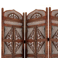 Traditional Four Panel Wooden Room Divider with Hand Carved Details, Antique Brown - BM01866