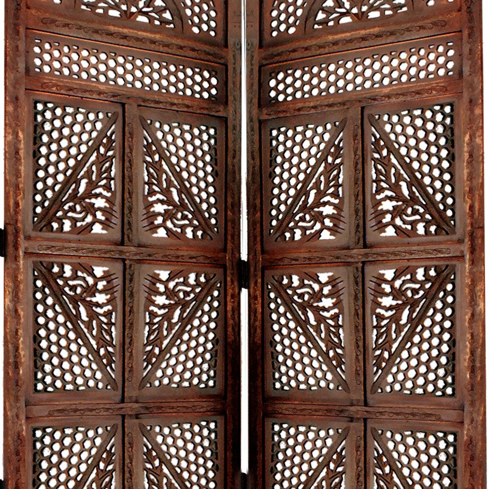 Traditional Four Panel Wooden Room Divider with Hand Carved Details, Antique Brown - BM01866