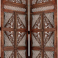 Traditional Four Panel Wooden Room Divider with Hand Carved Details, Antique Brown - BM01866