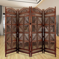 Traditional Four Panel Wooden Room Divider with Hand Carved Details, Antique Brown - BM01866