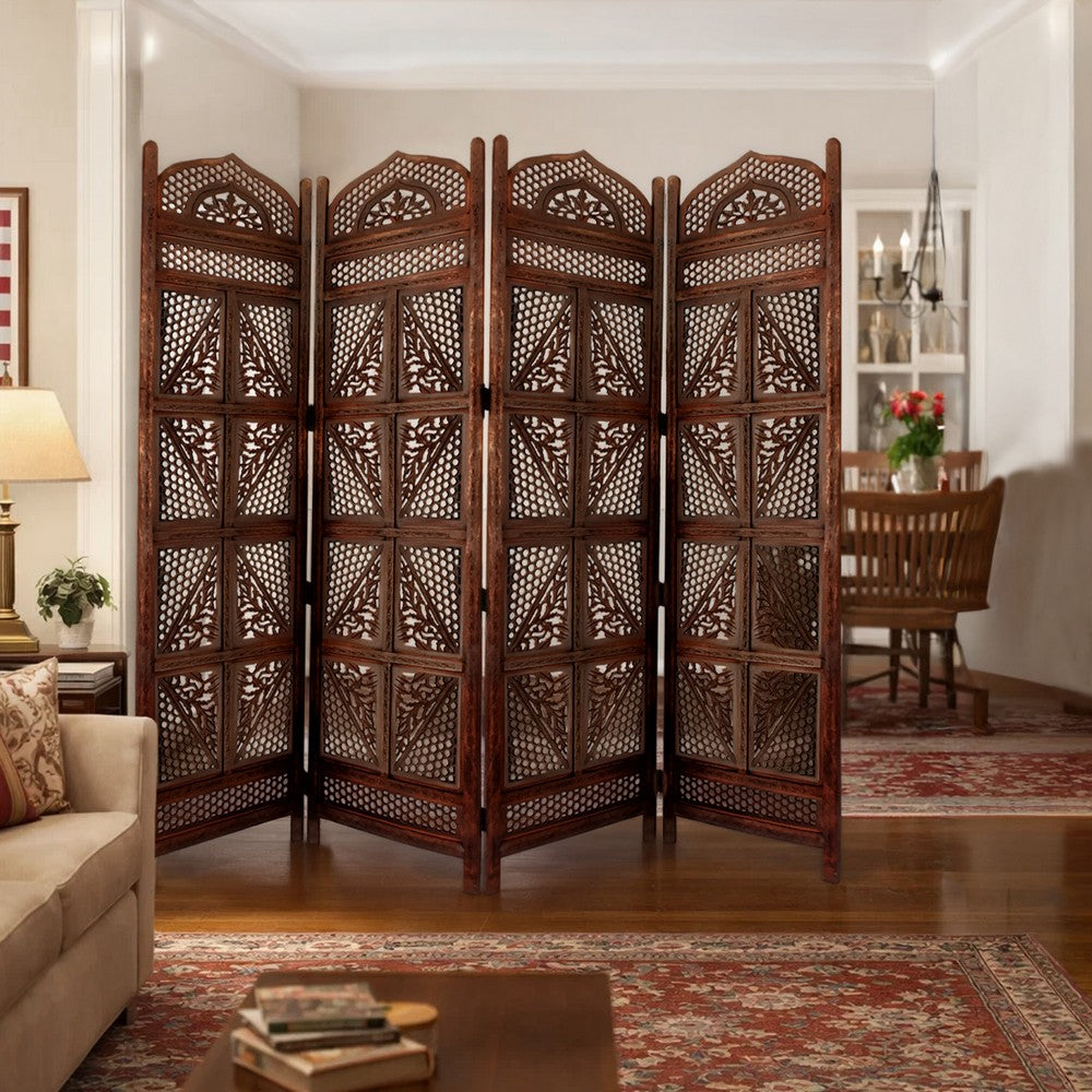 Traditional Four Panel Wooden Room Divider with Hand Carved Details, Antique Brown - BM01866