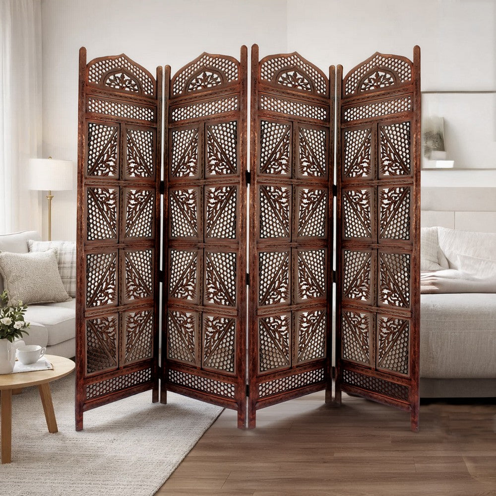 Traditional Four Panel Wooden Room Divider with Hand Carved Details, Antique Brown - BM01866