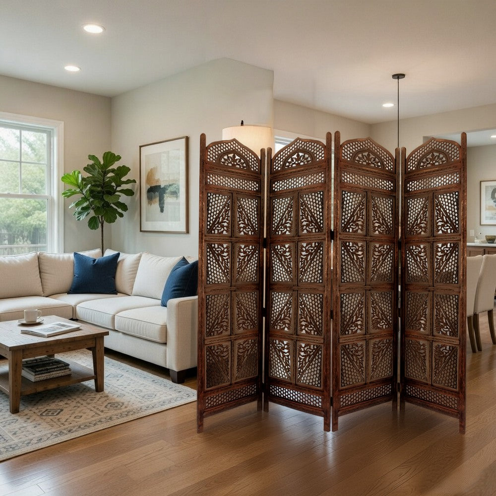 Traditional Four Panel Wooden Room Divider with Hand Carved Details, Antique Brown - BM01866