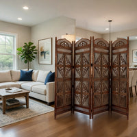 Traditional Four Panel Wooden Room Divider with Hand Carved Details, Antique Brown - BM01866