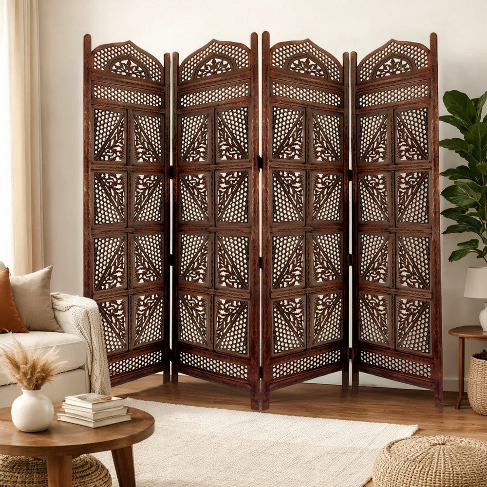 Traditional Four Panel Wooden Room Divider with Hand Carved Details, Antique Brown - BM01866