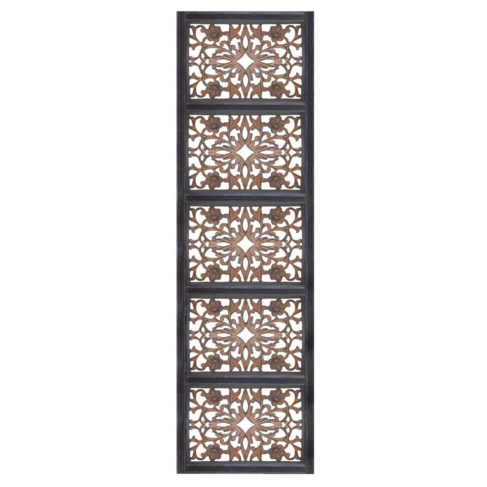 Rectangular Wall Panel with Intricate Floral Carvings, Burnt Black - BM01869