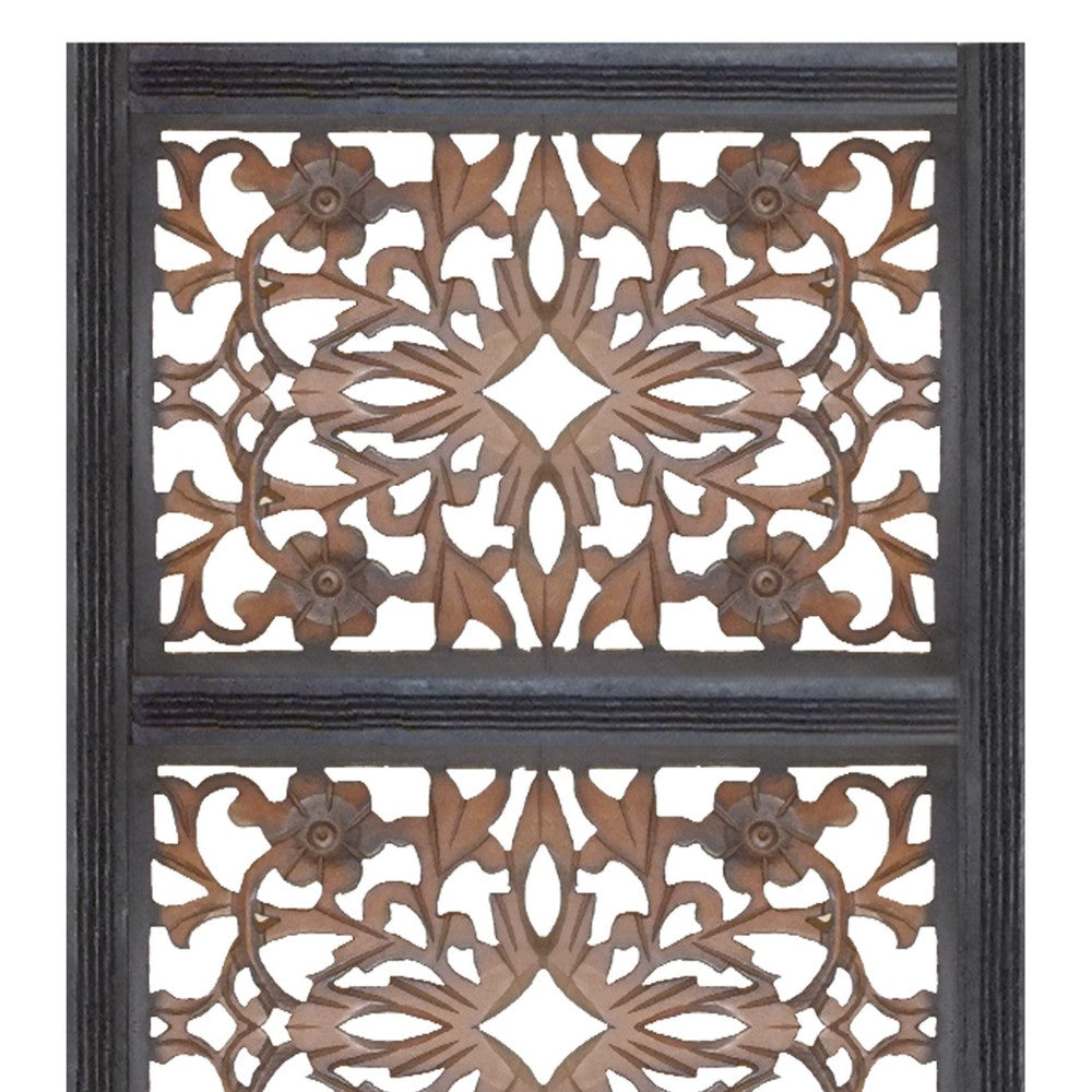 Rectangular Wall Panel with Intricate Floral Carvings, Burnt Black - BM01869