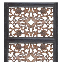 Rectangular Wall Panel with Intricate Floral Carvings, Burnt Black - BM01869