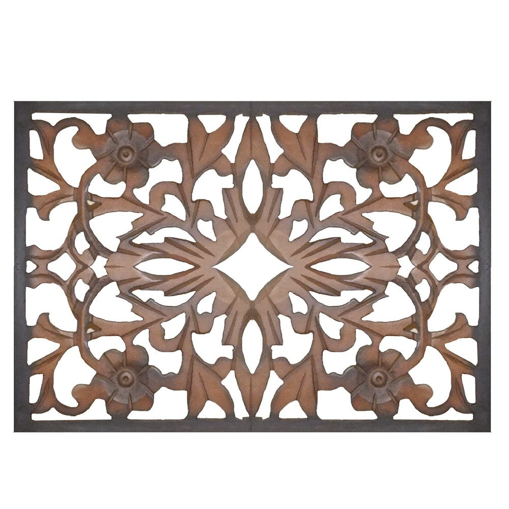 Rectangular Wall Panel with Intricate Floral Carvings, Burnt Black - BM01869