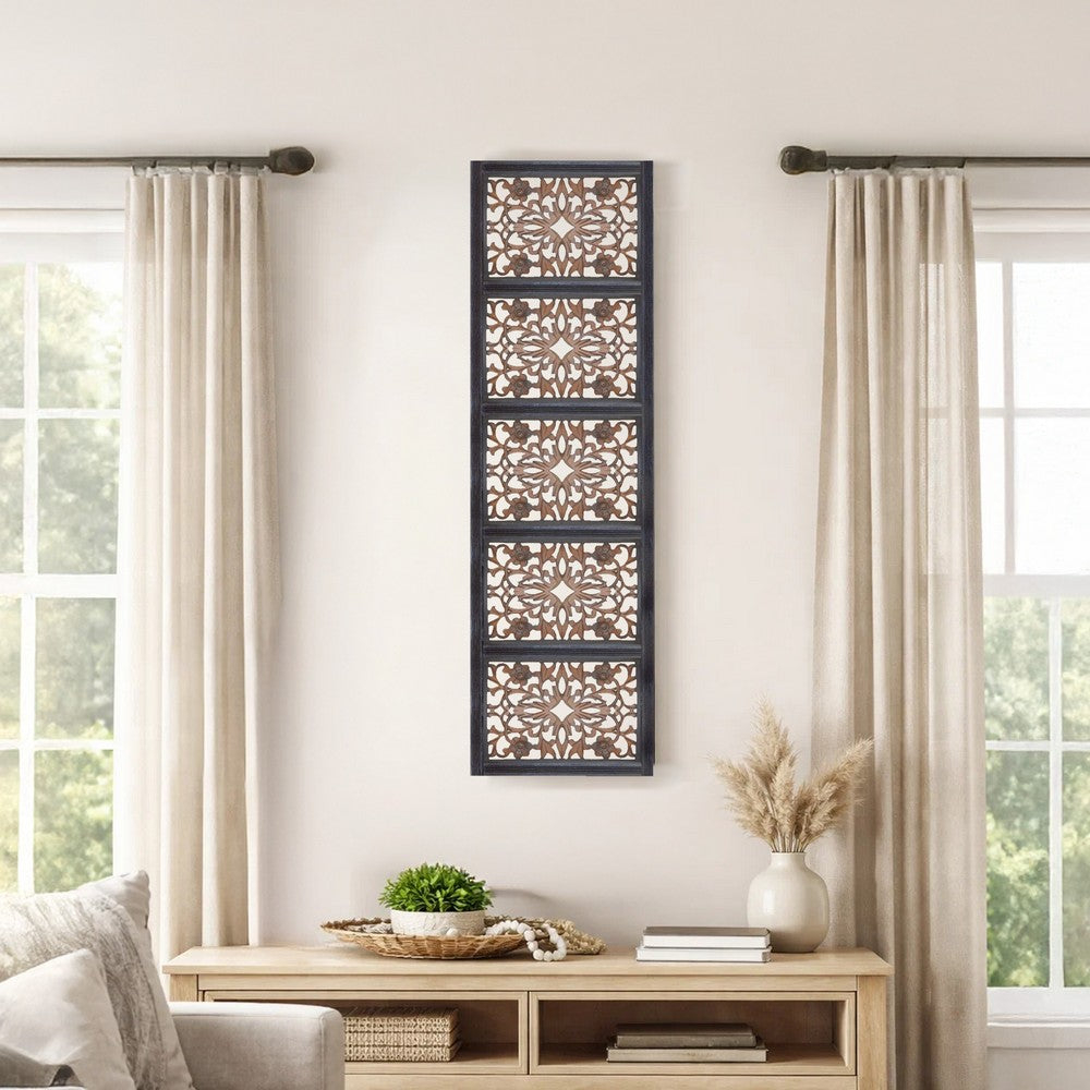 Rectangular Wall Panel with Intricate Floral Carvings, Burnt Black - BM01869
