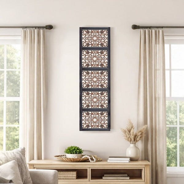 Rectangular Wall Panel with Intricate Floral Carvings, Burnt Black - BM01869