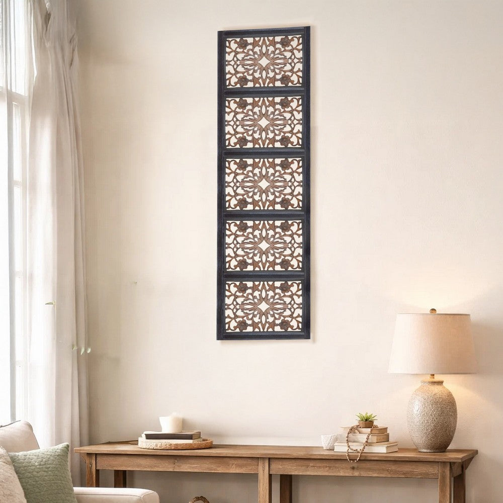 Rectangular Wall Panel with Intricate Floral Carvings, Burnt Black - BM01869