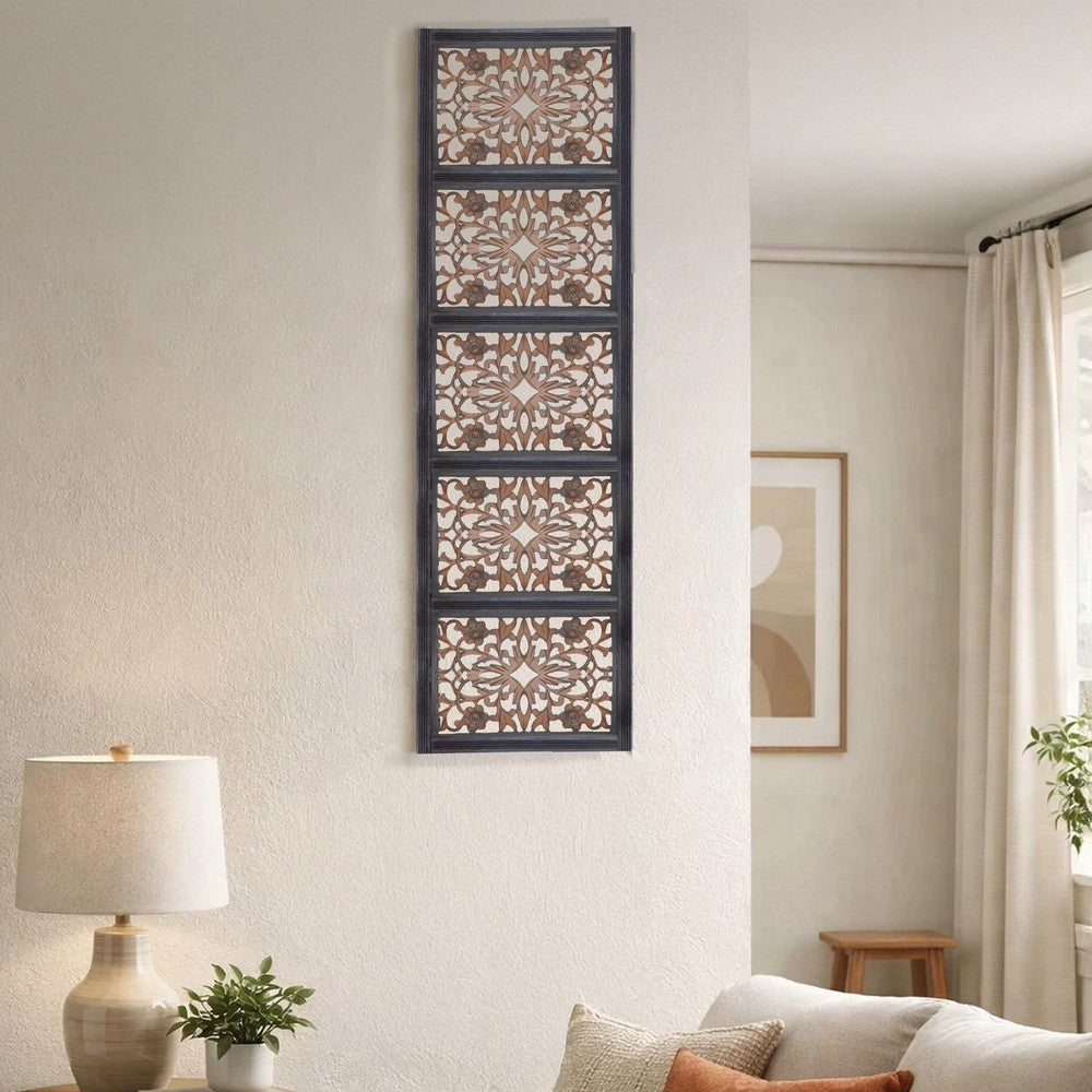 Rectangular Wall Panel with Intricate Floral Carvings, Burnt Black - BM01869