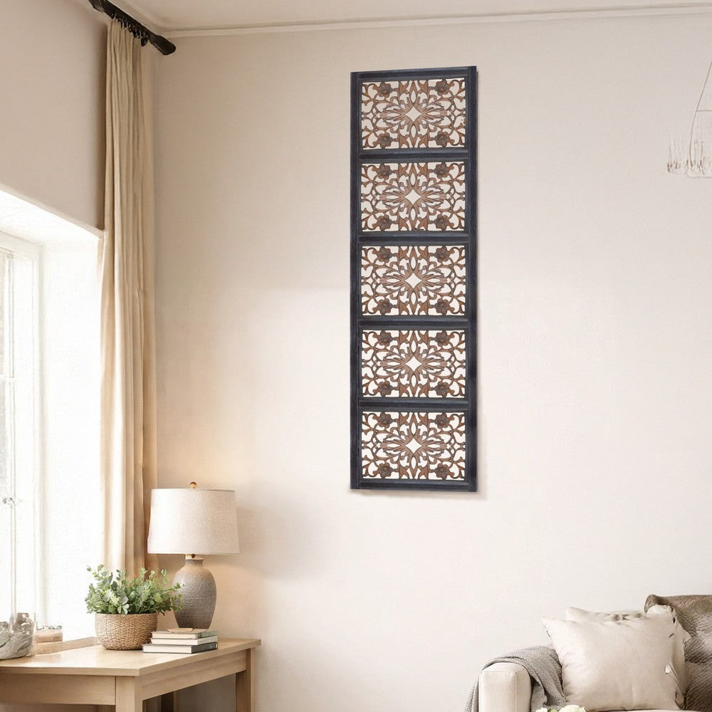 Rectangular Wall Panel with Intricate Floral Carvings, Burnt Black - BM01869
