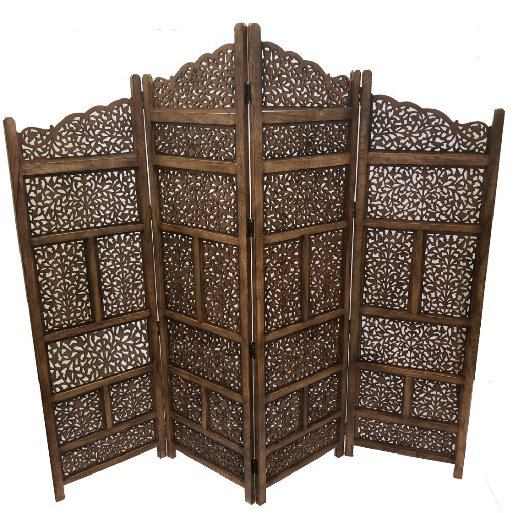 Benzara Hand Carved Foldable 4-Panel Wooden Partition Screen/RoomDivider,Brown - BM01875