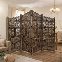 Benzara Hand Carved Foldable 4-Panel Wooden Partition Screen/RoomDivider,Brown - BM01875
