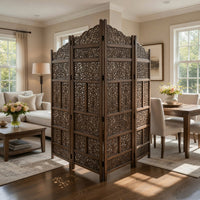 Benzara Hand Carved Foldable 4-Panel Wooden Partition Screen/RoomDivider,Brown - BM01875