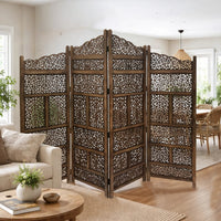 Benzara Hand Carved Foldable 4-Panel Wooden Partition Screen/RoomDivider,Brown - BM01875