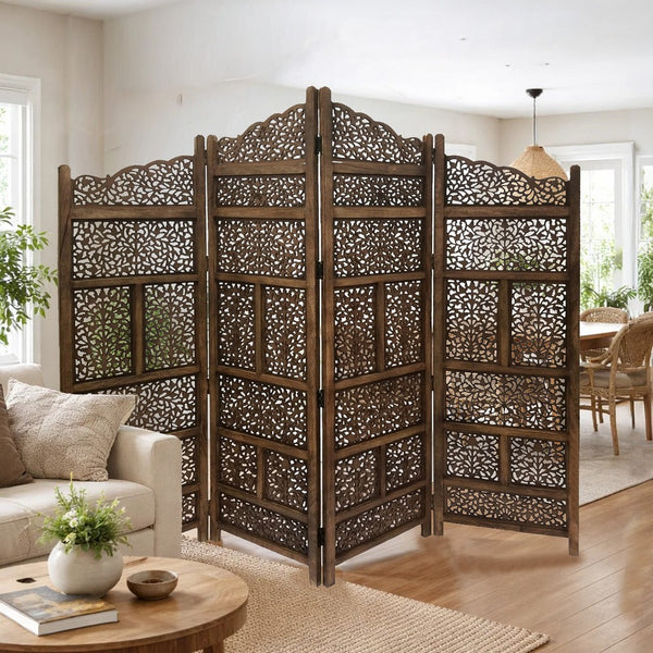 Benzara Hand Carved Foldable 4-Panel Wooden Partition Screen/RoomDivider,Brown - BM01875