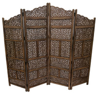 Benzara Hand Carved Foldable 4-Panel Wooden Partition Screen/RoomDivider,Brown - BM01875