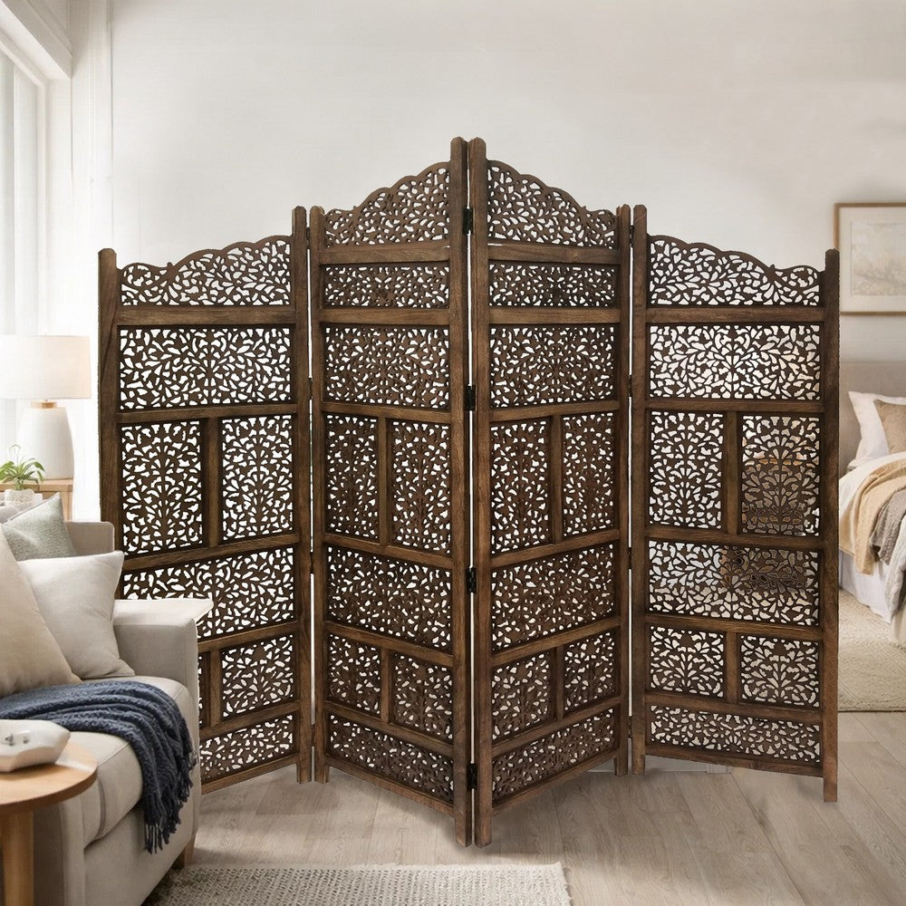 Benzara Hand Carved Foldable 4-Panel Wooden Partition Screen/RoomDivider,Brown - BM01875