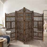 Benzara Hand Carved Foldable 4-Panel Wooden Partition Screen/RoomDivider,Brown - BM01875