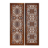 2 Piece Mango Wood Wall Panel Set with Mendallion Carving, Burnt Brown - BM01883