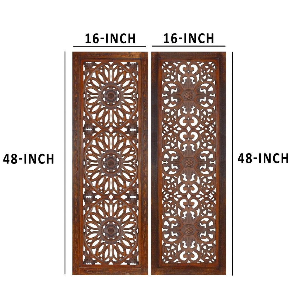 2 Piece Mango Wood Wall Panel Set with Mendallion Carving, Burnt Brown - BM01883