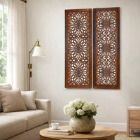 2 Piece Mango Wood Wall Panel Set with Mendallion Carving, Burnt Brown - BM01883