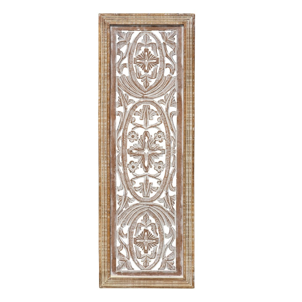 Rectangular Mango Wood Wall Panel Hand Crafted With Intricate Carving, White and Brown - BM01908