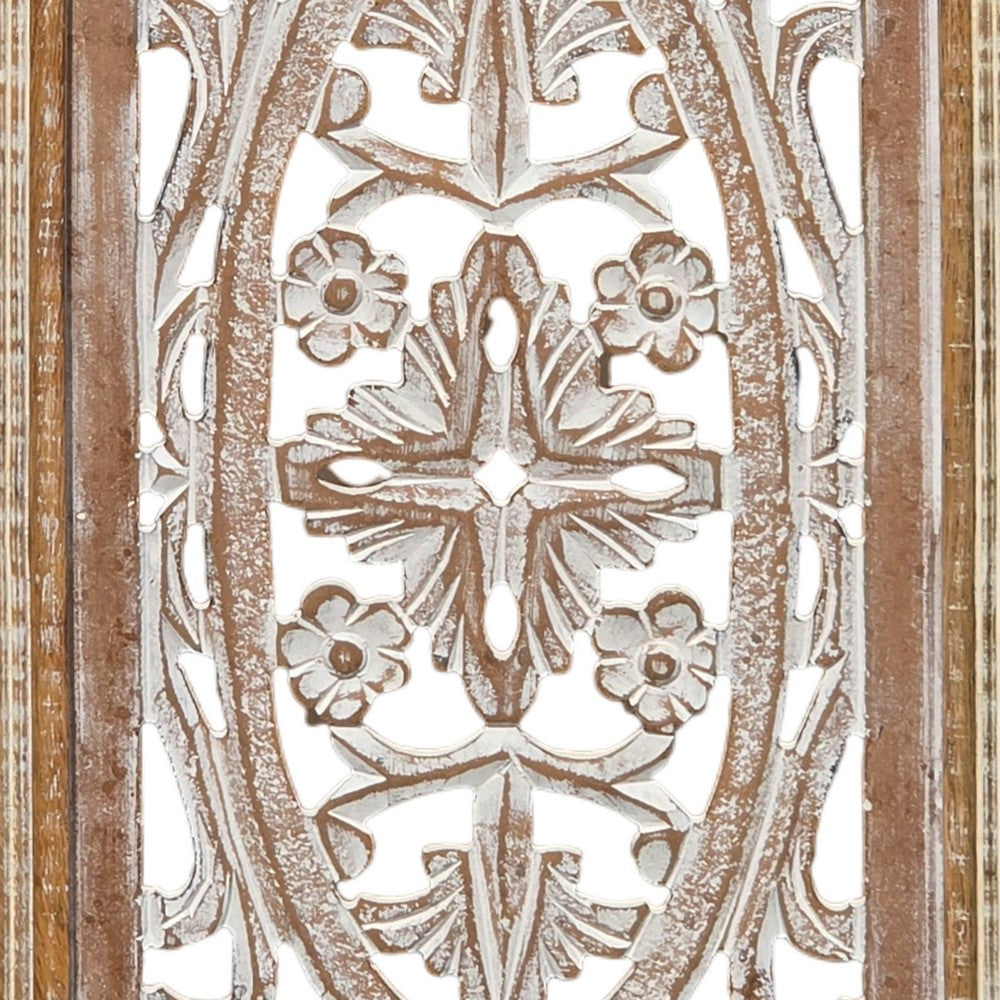 Rectangular Mango Wood Wall Panel Hand Crafted With Intricate Carving, White and Brown - BM01908