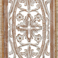 Rectangular Mango Wood Wall Panel Hand Crafted With Intricate Carving, White and Brown - BM01908