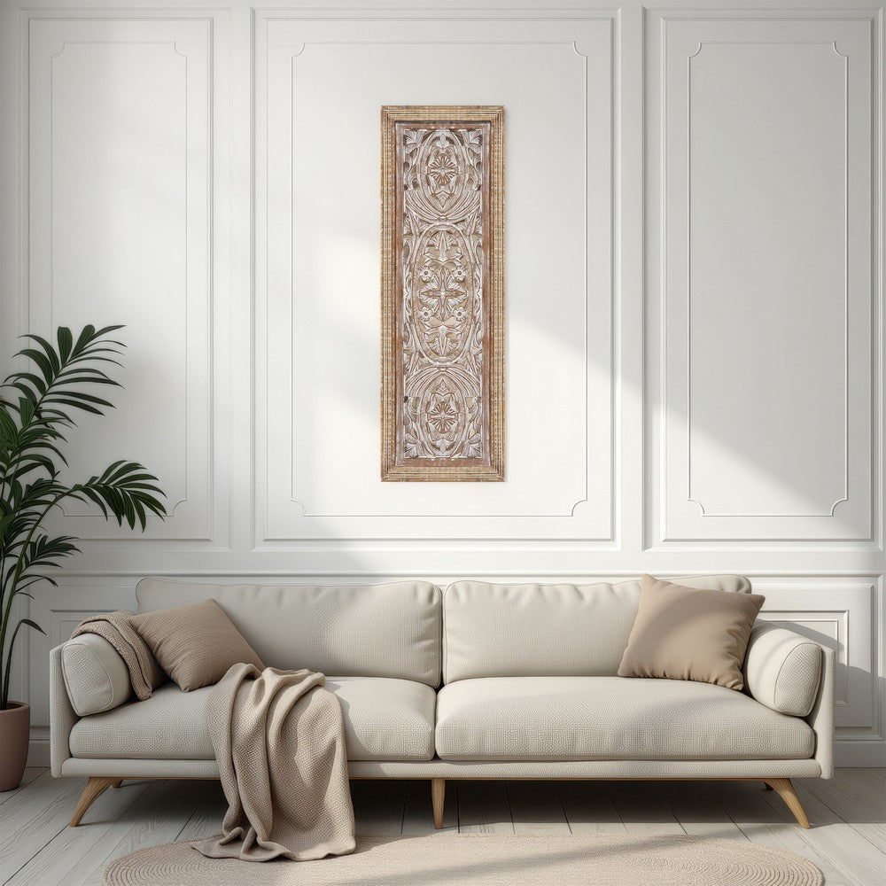 Rectangular Mango Wood Wall Panel Hand Crafted With Intricate Carving, White and Brown - BM01908