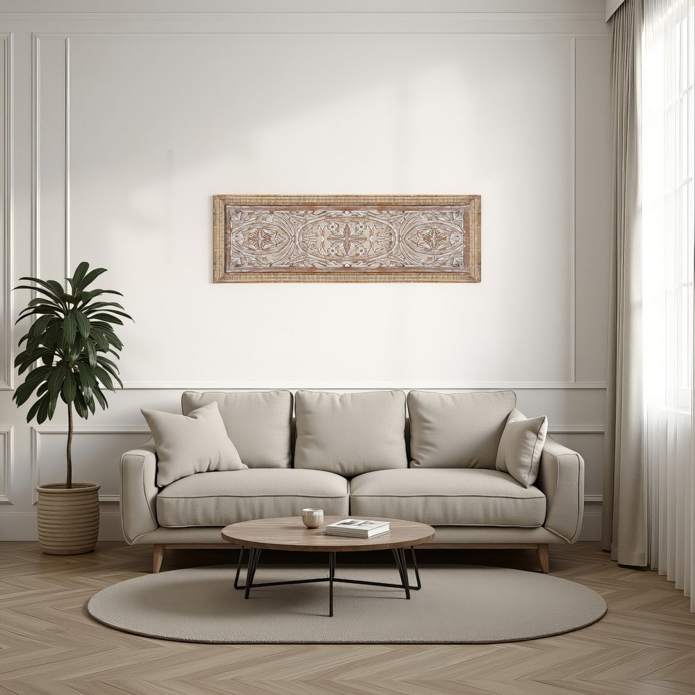 Rectangular Mango Wood Wall Panel Hand Crafted With Intricate Carving, White and Brown - BM01908
