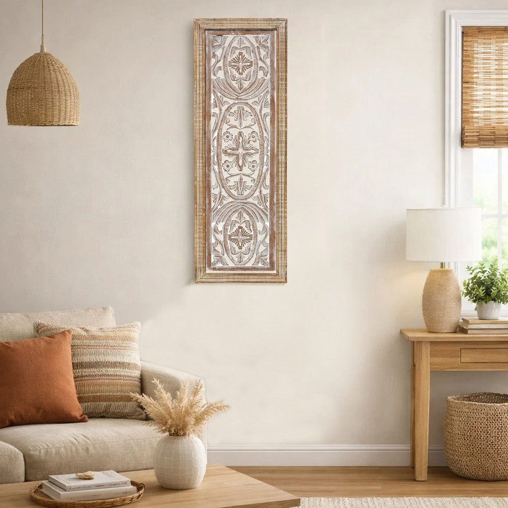 Rectangular Mango Wood Wall Panel Hand Crafted With Intricate Carving, White and Brown - BM01908