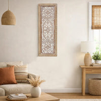 Rectangular Mango Wood Wall Panel Hand Crafted With Intricate Carving, White and Brown - BM01908