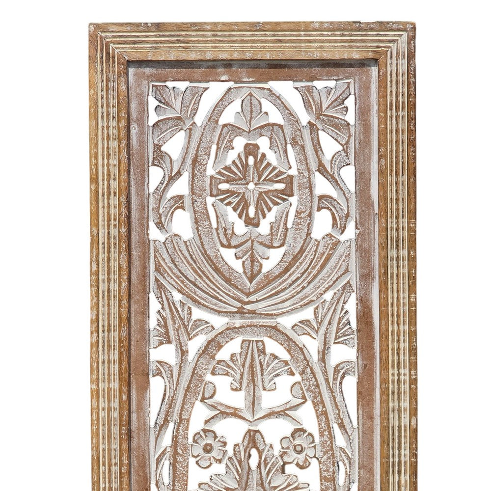 Rectangular Mango Wood Wall Panel Hand Crafted With Intricate Carving, White and Brown - BM01908