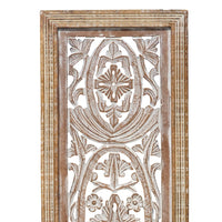 Rectangular Mango Wood Wall Panel Hand Crafted With Intricate Carving, White and Brown - BM01908