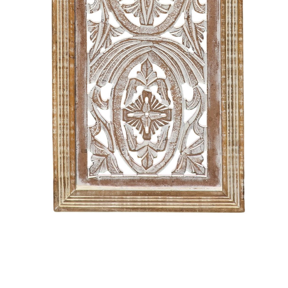 Rectangular Mango Wood Wall Panel Hand Crafted With Intricate Carving, White and Brown - BM01908