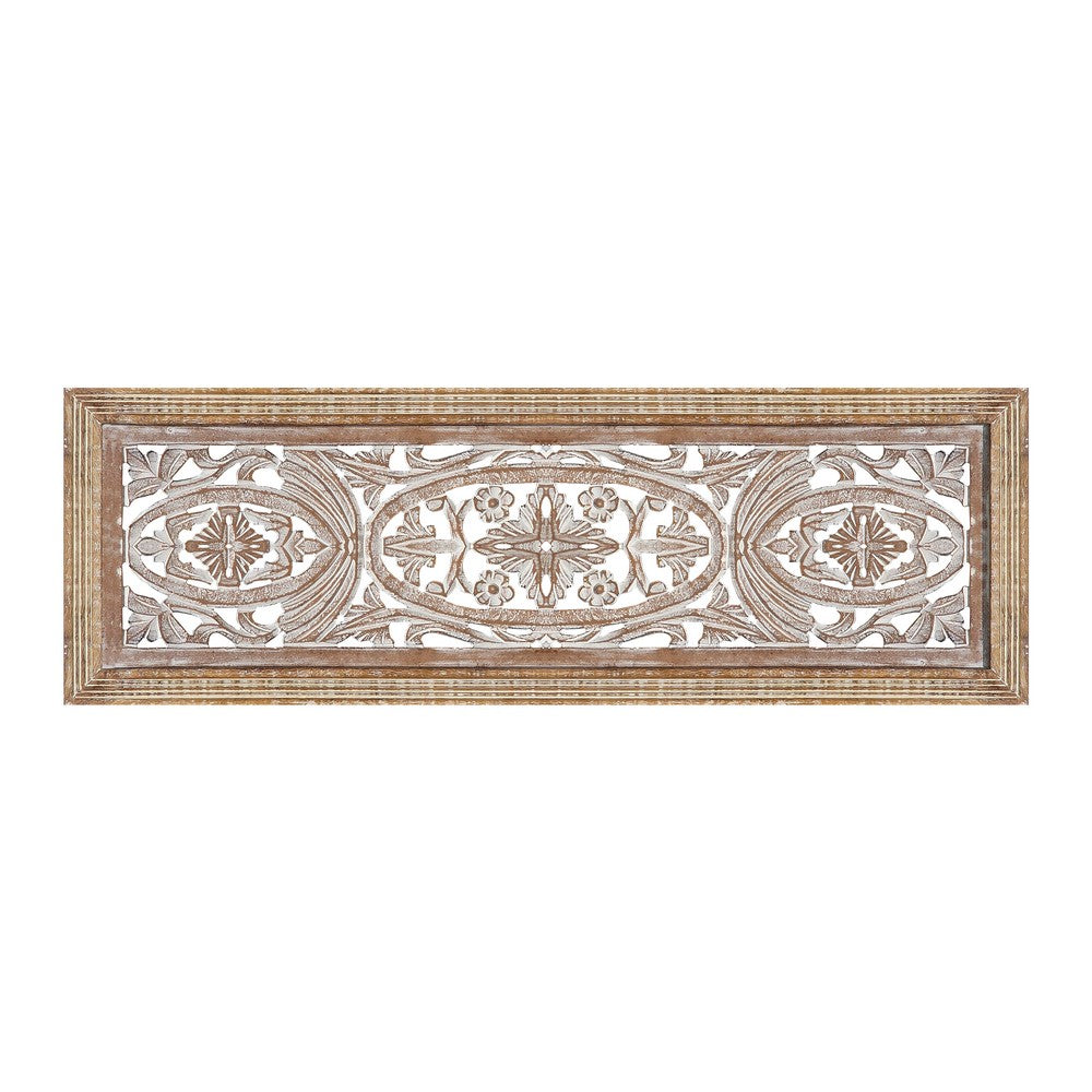 Rectangular Mango Wood Wall Panel Hand Crafted With Intricate Carving, White and Brown - BM01908