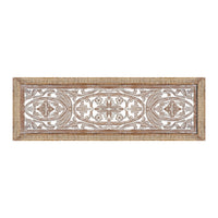 Rectangular Mango Wood Wall Panel Hand Crafted With Intricate Carving, White and Brown - BM01908