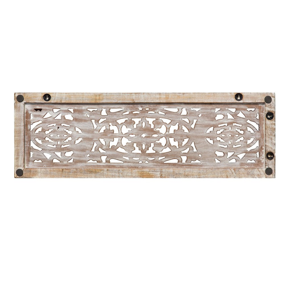 Rectangular Mango Wood Wall Panel Hand Crafted With Intricate Carving, White and Brown - BM01908