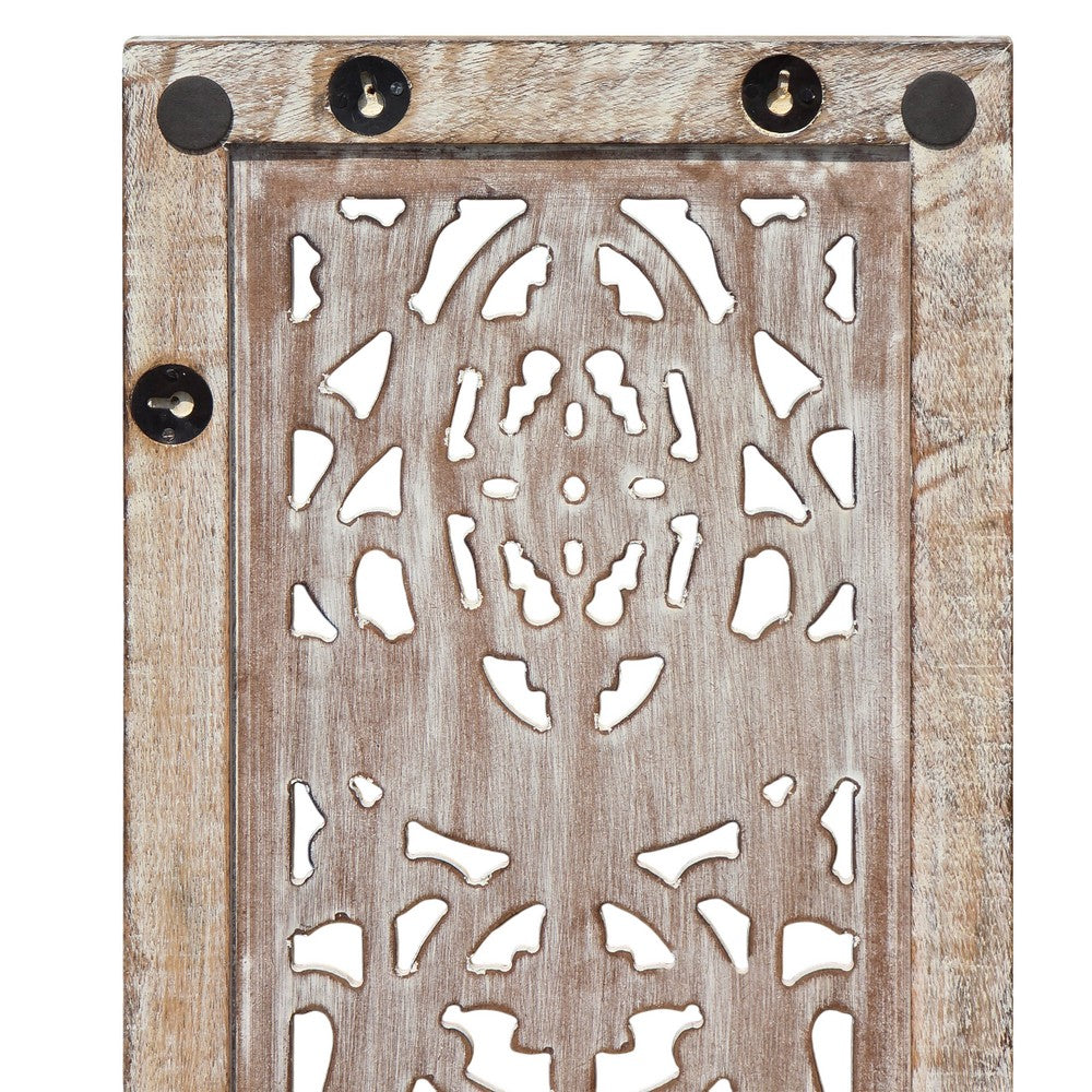 Rectangular Mango Wood Wall Panel Hand Crafted With Intricate Carving, White and Brown - BM01908
